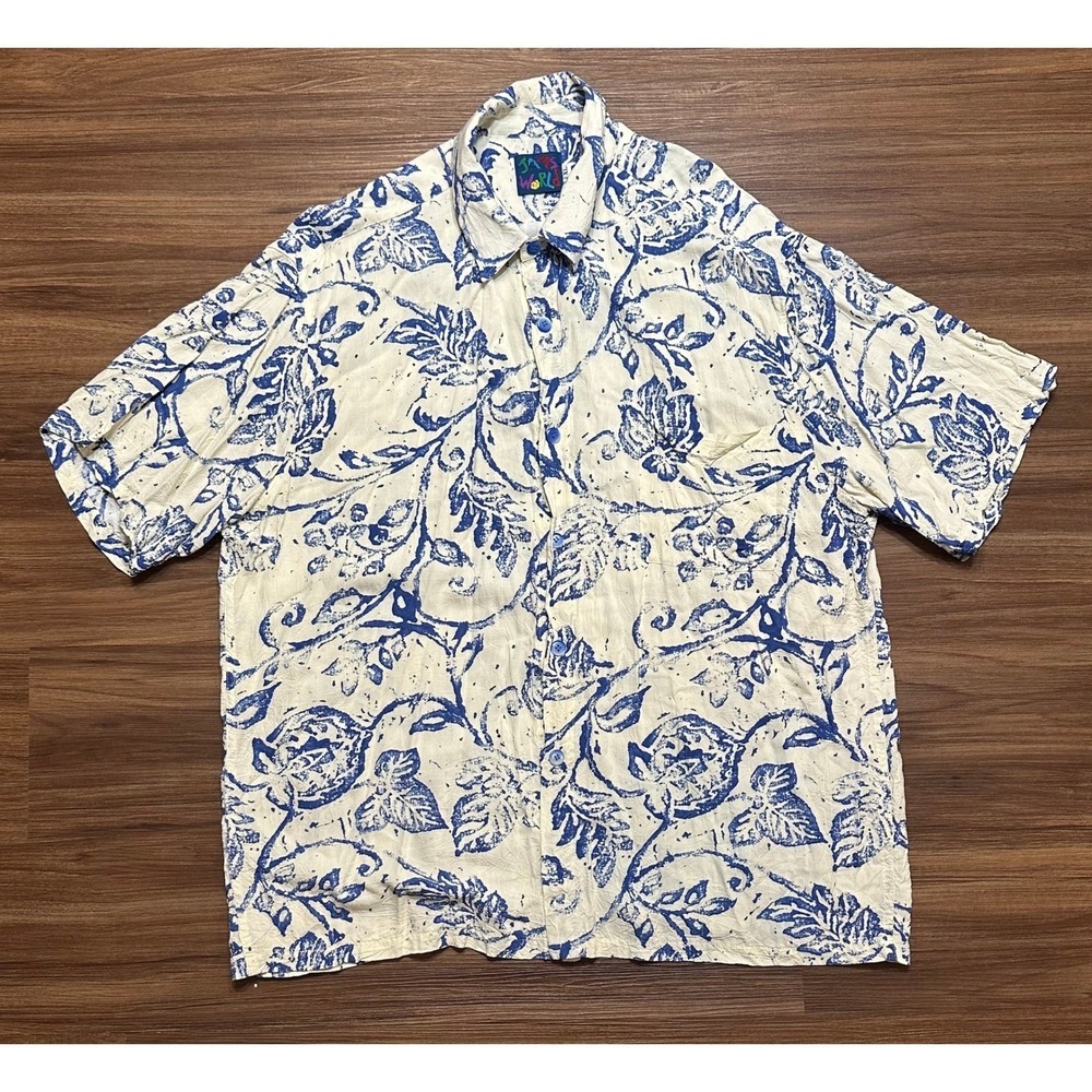 Vintage Jams World Mens Floral Hawaiian SS Button Down Shirt Beige Blue Sz XL